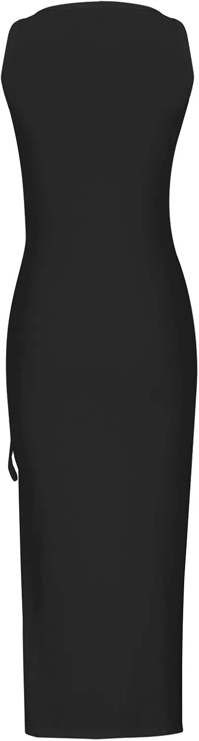 Womens Sexy Side Slit Draw/String Ruched Bodycon Casual Sun Maxi Dresses Sleeveless Ribbed Knit Tank Dress
