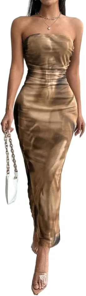 Women's Summer Dress Printed Strapless Tube Dress Bodycon Long Dress Side Slit Mesh Layered