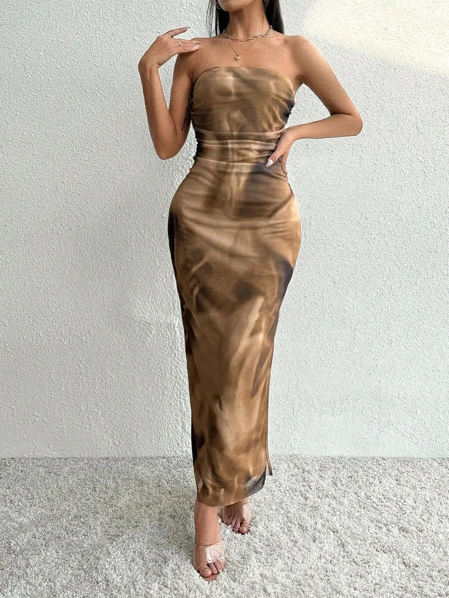Women's Summer Dress Printed Strapless Tube Dress Bodycon Long Dress Side Slit Mesh Layered