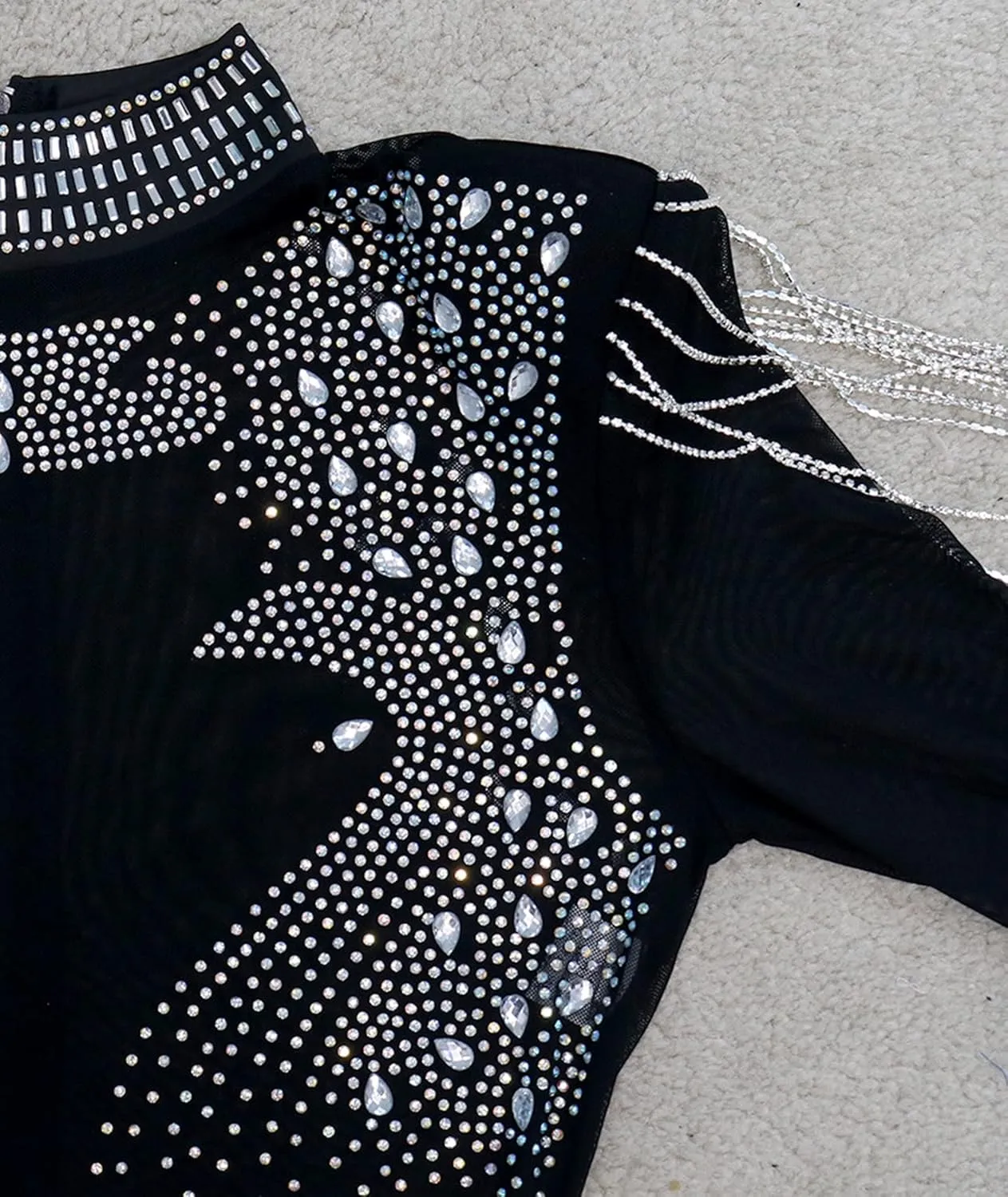 xxxiticat Women's Rhinestone Sheer Mesh Jumpsuit Long Sleeve Wide Shoulder Pad See Through Tassel One Piece Overalls