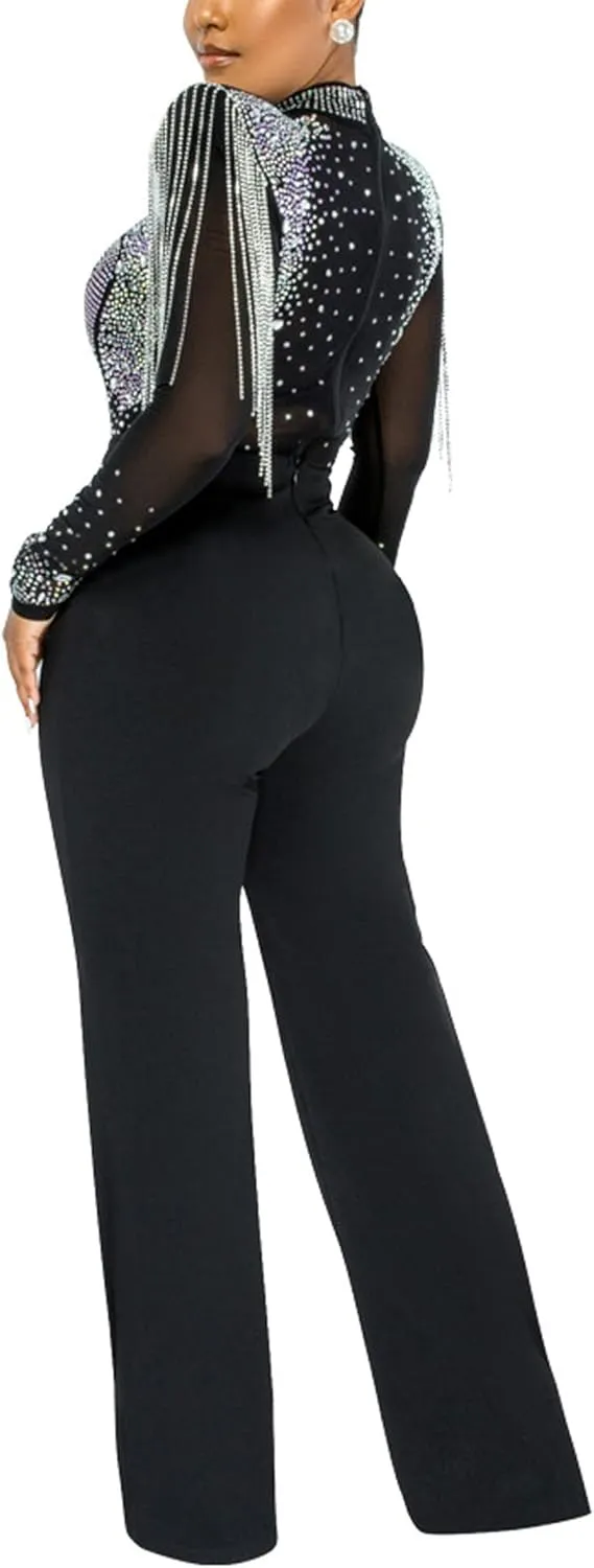 xxxiticat Women's Rhinestone Sheer Mesh Jumpsuit Long Sleeve Wide Shoulder Pad See Through Tassel One Piece Overalls