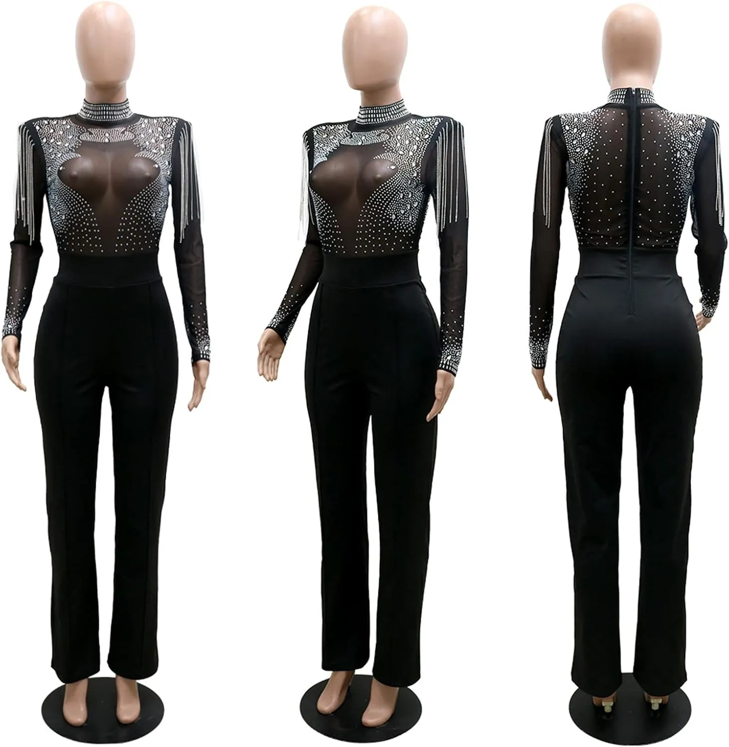 xxxiticat Women's Rhinestone Sheer Mesh Jumpsuit Long Sleeve Wide Shoulder Pad See Through Tassel One Piece Overalls