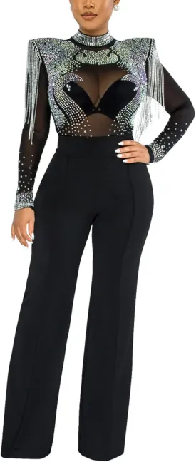 xxxiticat Women's Rhinestone Sheer Mesh Jumpsuit Long Sleeve Wide Shoulder Pad See Through Tassel One Piece Overalls